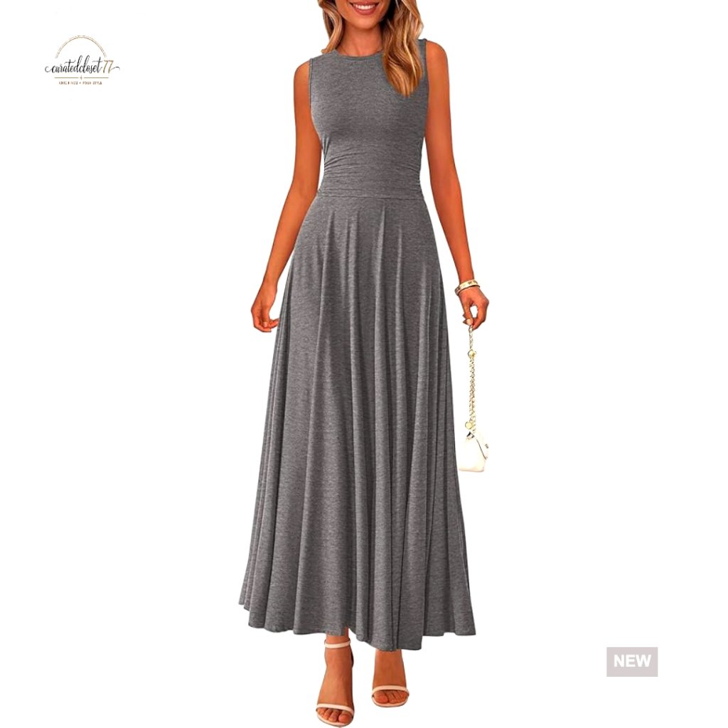 Sleeveless Crewneck A-Line Maxi Dress Stretch Tank Flowy Long Casual